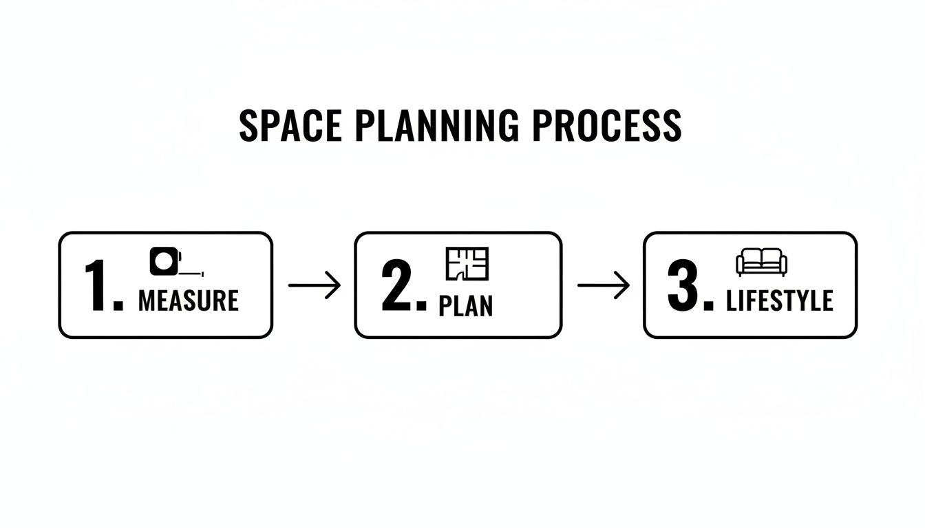 A diagram illustrating the three-step space planning process: Measure, Plan, and Lifestyle considerations.