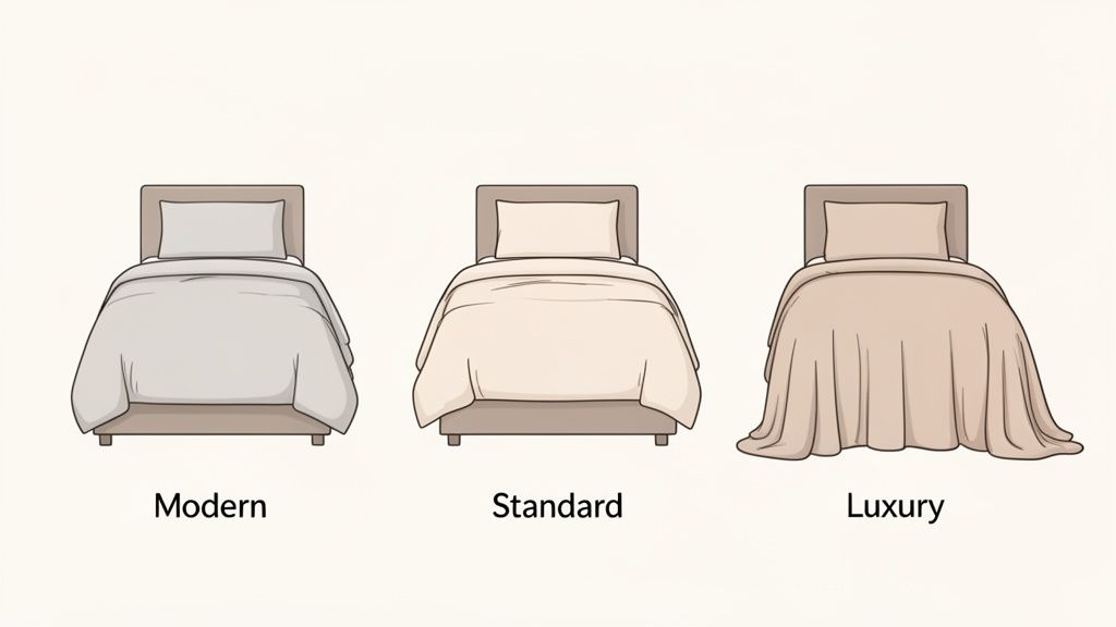 Three beds illustrating different comforter styling: Modern, Standard, and Luxury bedding types.