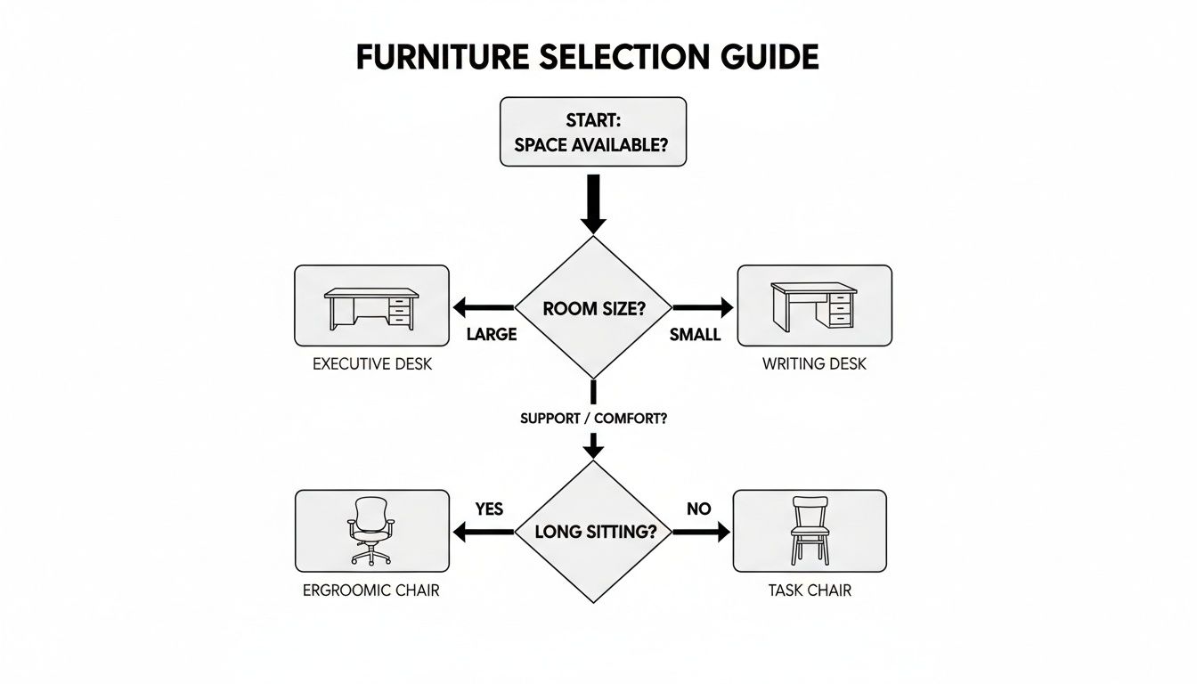 Flowchart guiding home office furniture selection: desk type based on room size, chair type based on long sitting needs.
