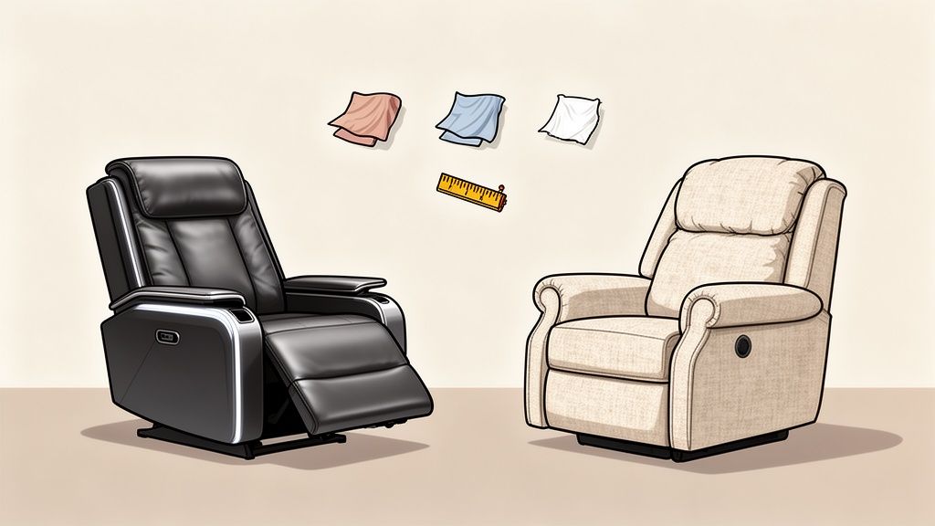 Two recliners, one black and one beige, with fabric swatches and a ruler on the wall.