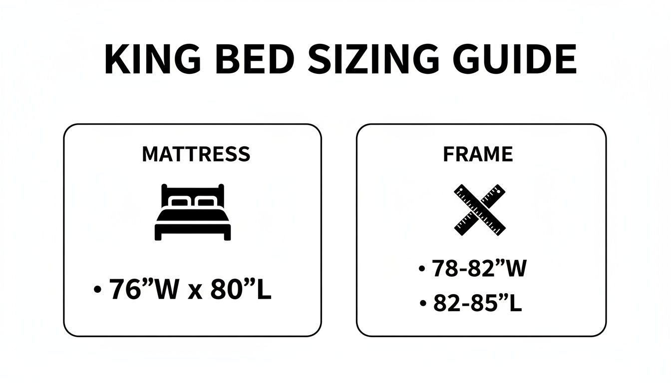 King bed sizing guide showing mattress dimensions as 76"W x 80"L and frame dimensions as 78-82"W x 82-85"L.