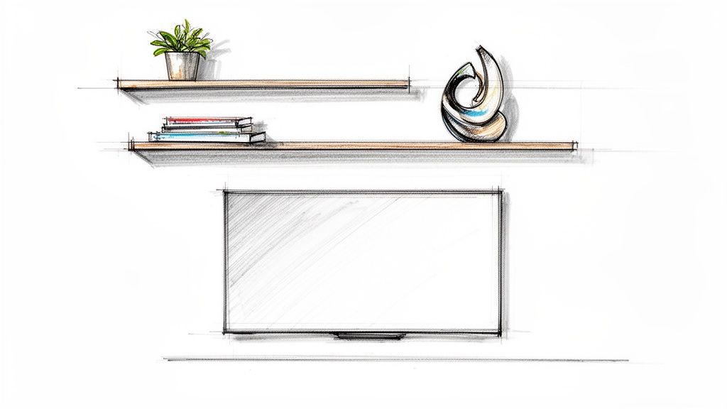 A design sketch showing a wall-mounted TV with two floating shelves above it, decorated with a plant, books, and a sculpture.