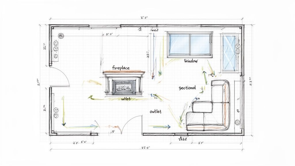 Hand-drawn sketch of a living room floor plan showing furniture placement, a fireplace, windows, and outlets.