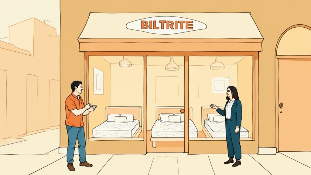 A man and a woman stand outside a mattress store named BILTRITE displaying three beds, conversing.