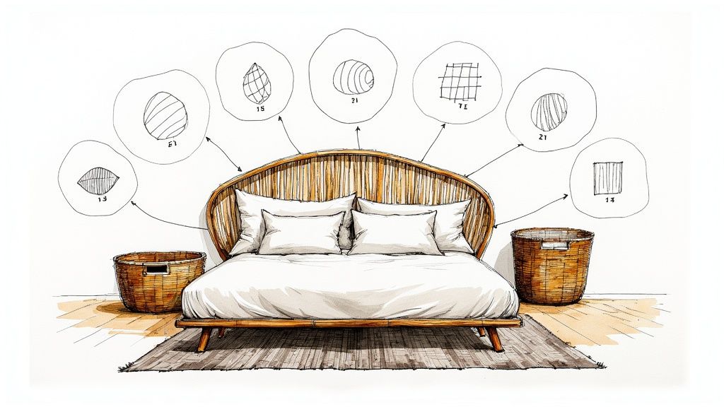 Bedroom furniture mixing guide showing bed with woven headboard and various texture pattern options