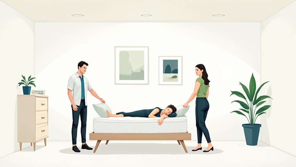 A woman comfortably testing a mattress in a bright, modern furniture showroom.