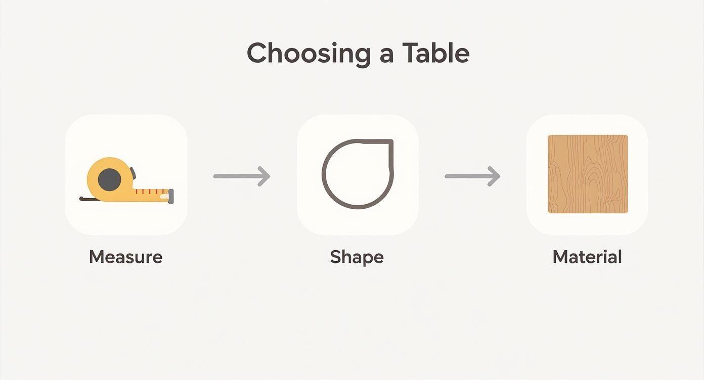 Infographic showing three steps to choosing a table: measure, shape, and material, with icons.