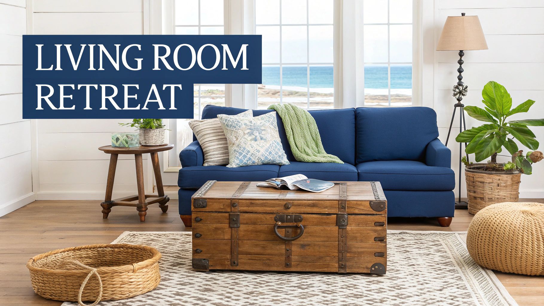 A serene coastal living room with a blue sofa, wooden trunk, and ocean view.