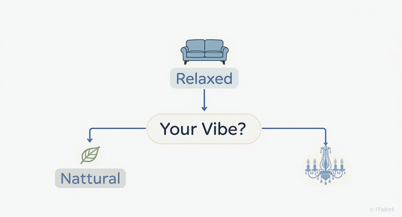 Flowchart for home decor vibe: 'Relaxed' (couch) leads to 'Your Vibe?', branching to 'Natural' (leaf) or a chandelier.