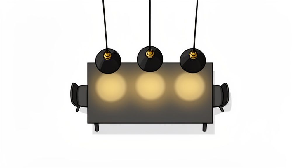 Overhead view of a modern dining table with three black pendant lights and two chairs.