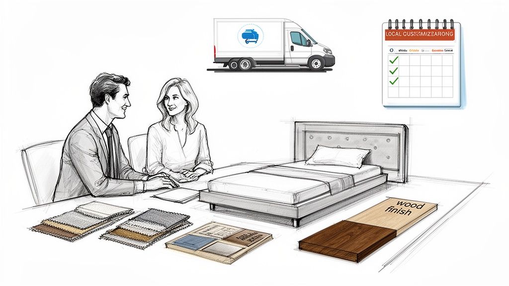 A couple customizes an upholstered bed, selecting finishes and scheduling delivery with a designer.