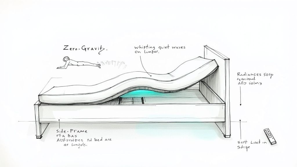 An adjustable base bed with under-bed lighting in a modern bedroom