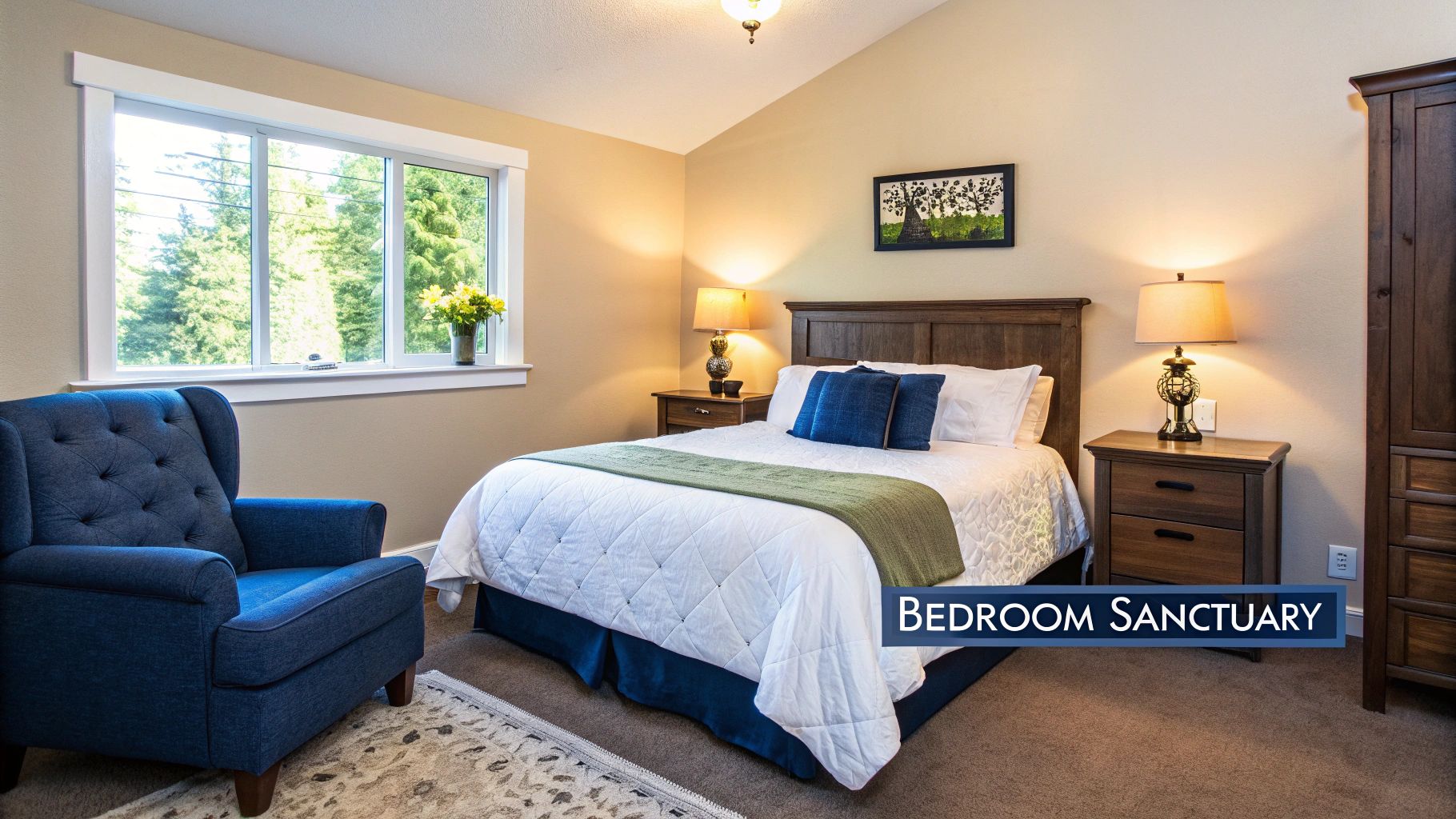 A cozy bedroom with a wooden bed, two nightstands, lamps, a blue armchair, and a window overlooking trees.