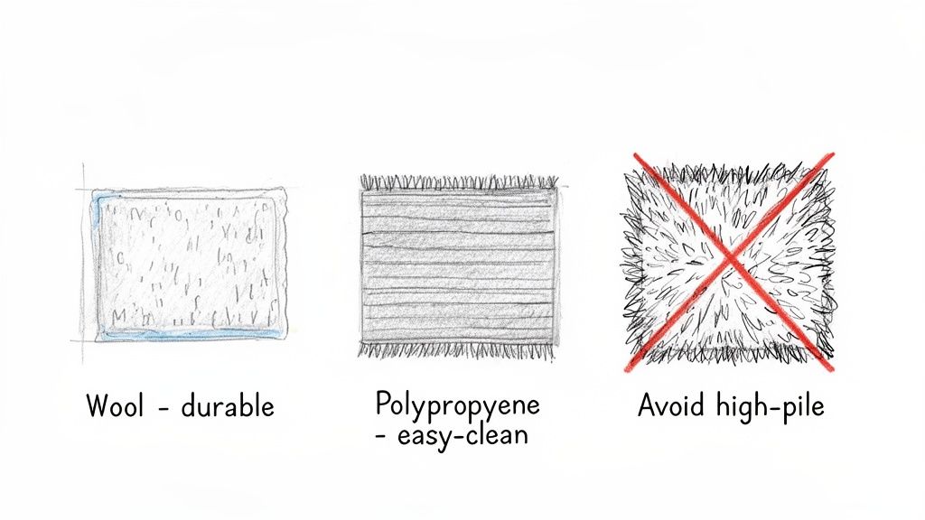 Illustrations of three rug types: durable wool, easy-clean polypropylene, and a crossed-out high-pile rug to avoid.