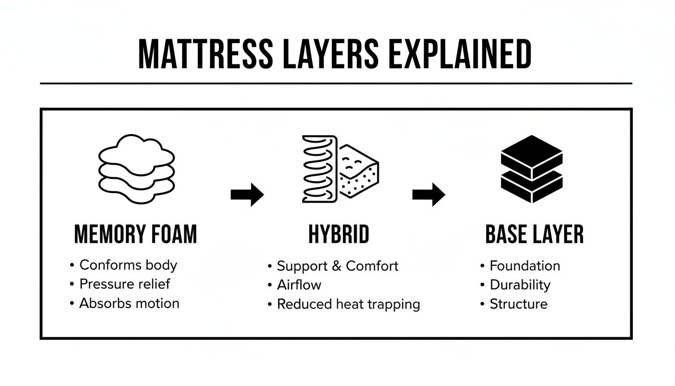 Infographic explaining mattress layers: Memory foam, Hybrid, and Base Layer, detailing their benefits and functions.