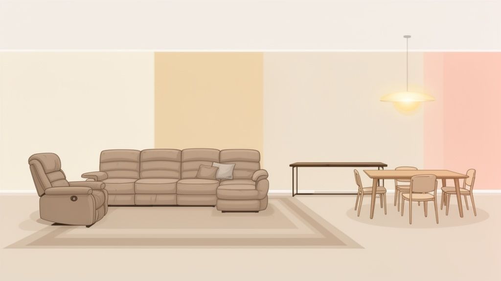 A cozy, neutral-toned open-plan living and dining room with sofa, recliner, and dining set.