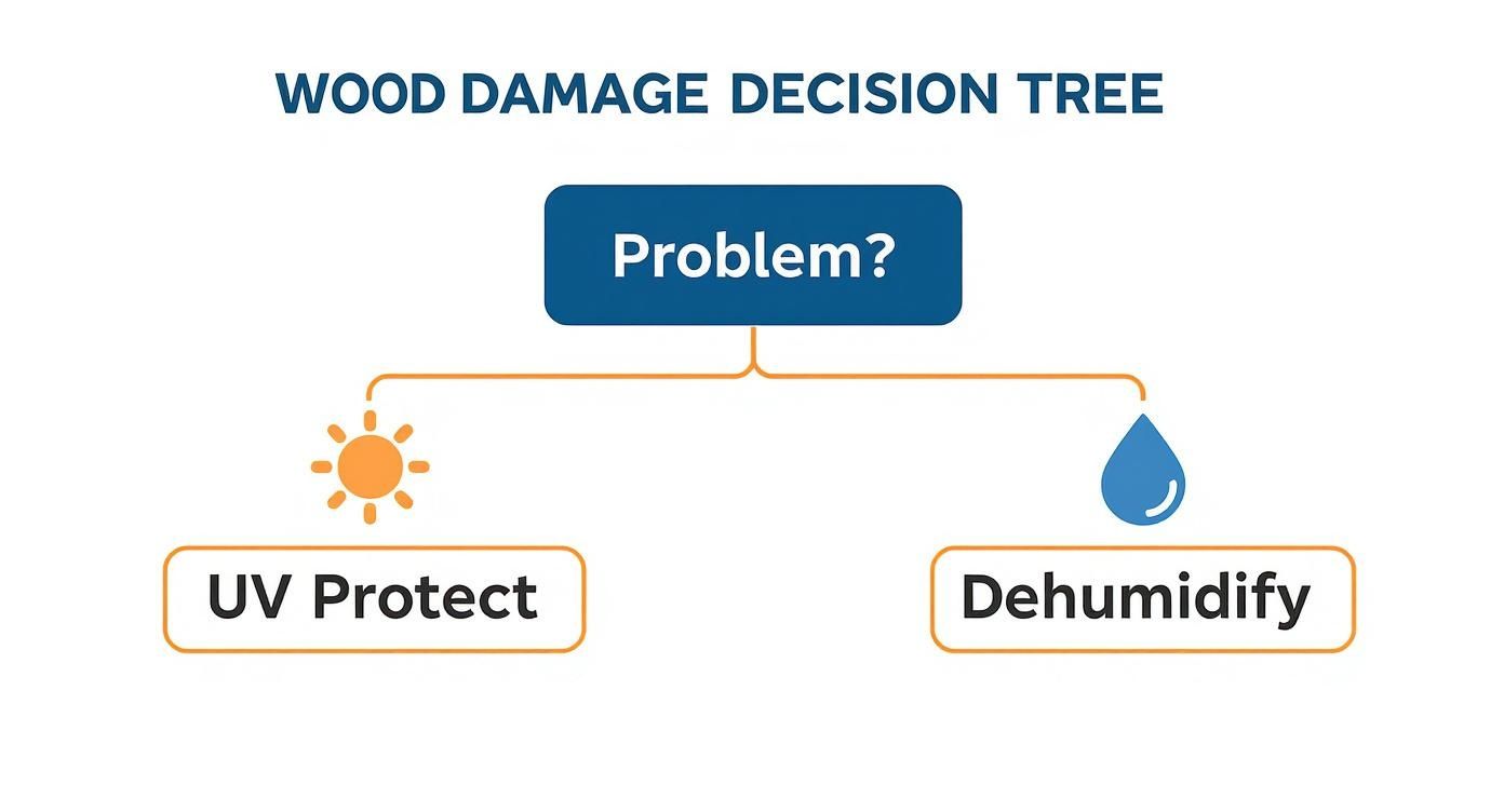 Decision tree diagram showing wood damage solutions: UV protection for sun damage and dehumidify for moisture