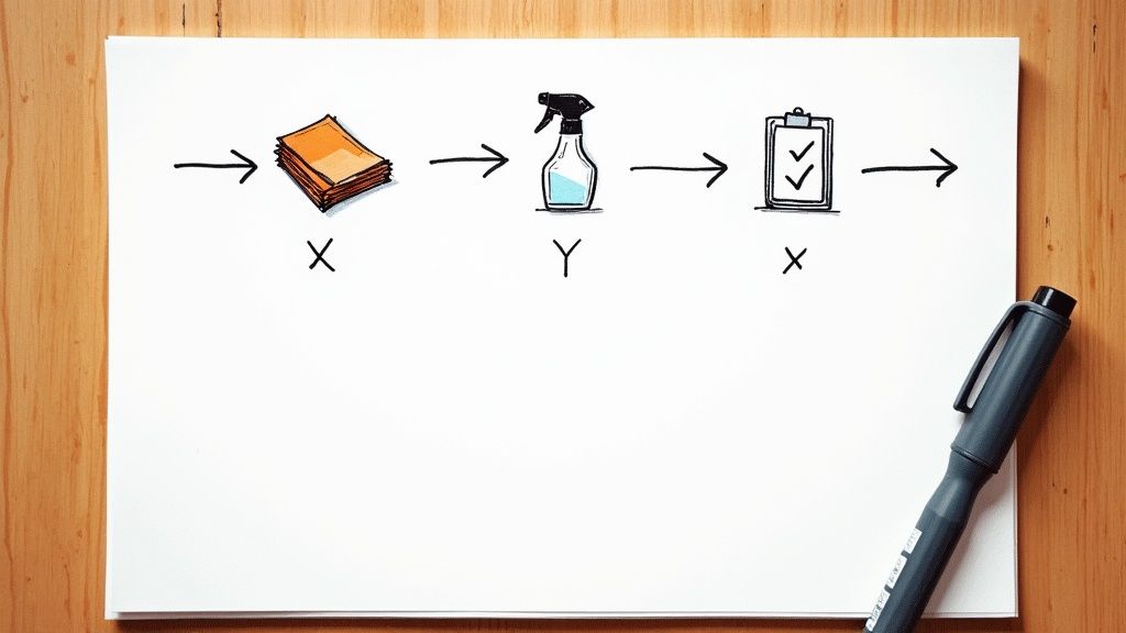 Wood furniture care process diagram showing cloth, spray bottle, and checklist with arrows indicating cleaning steps