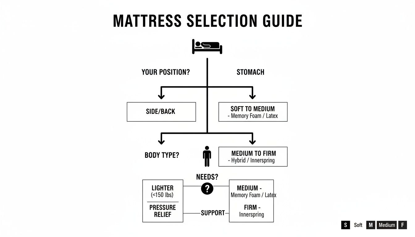 Mattress selection guide flowchart helping choose firmness and type based on sleep position, body type, and needs.