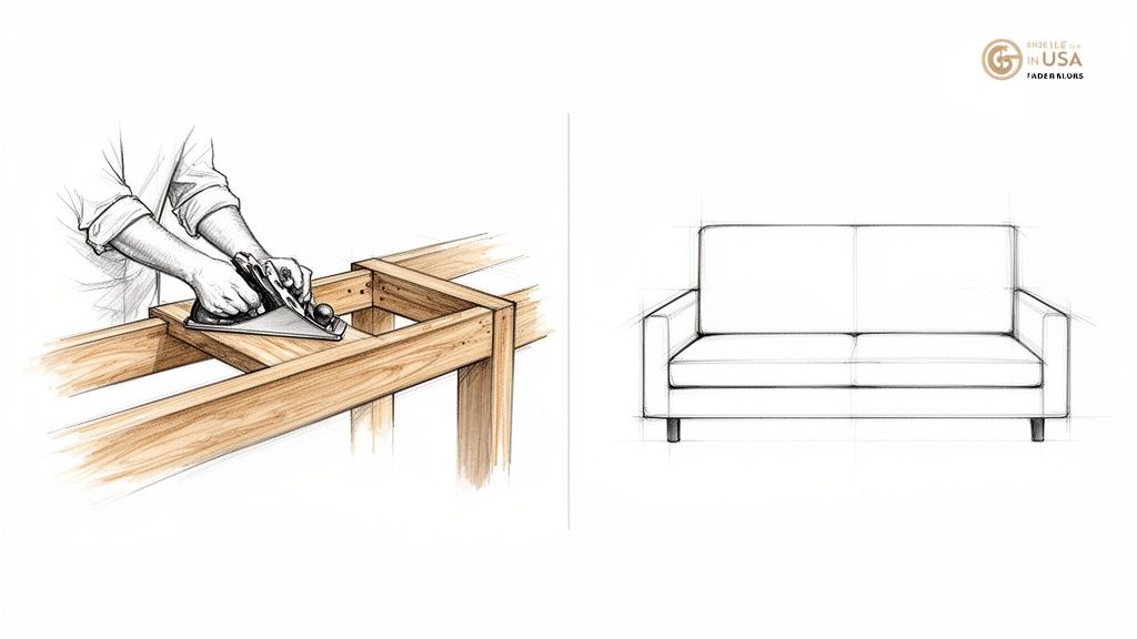 A craftsman planes a wooden furniture frame, while an adjacent sketch shows a modern sofa design.