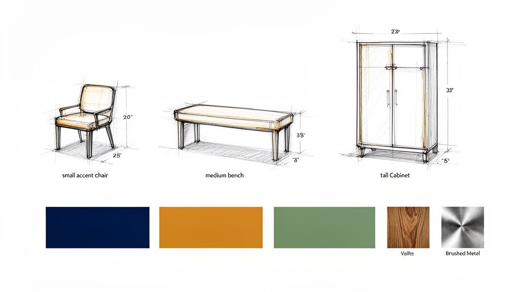 Sketches of an accent chair, bench, and cabinet with dimensions, plus color and material swatches.