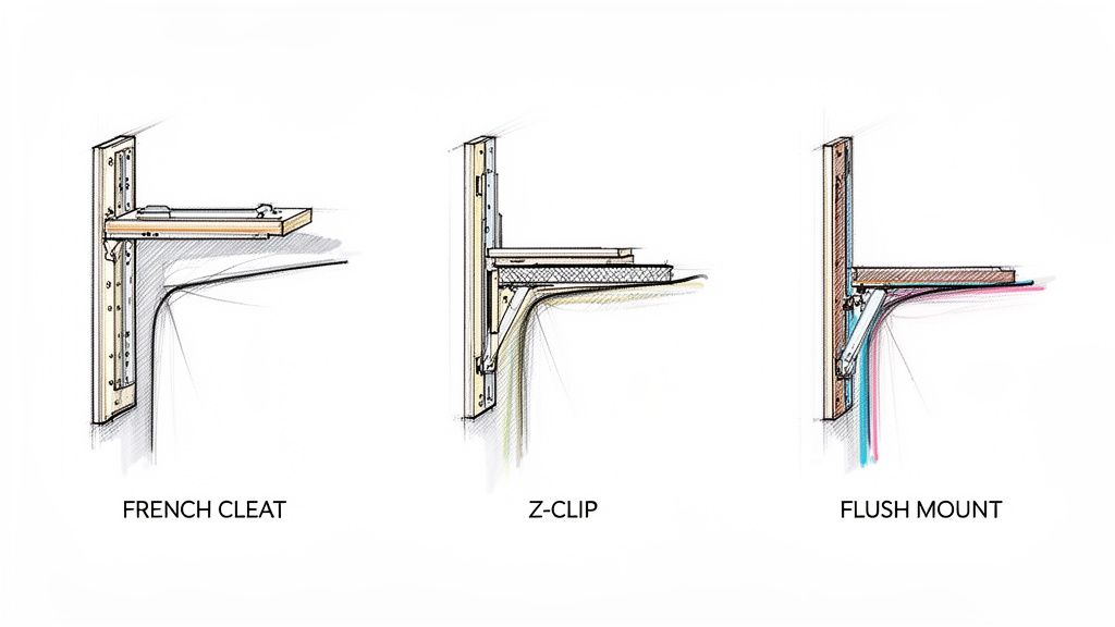 Three technical diagrams illustrate different wall mounting techniques: French cleat, Z-clip, and flush mount.