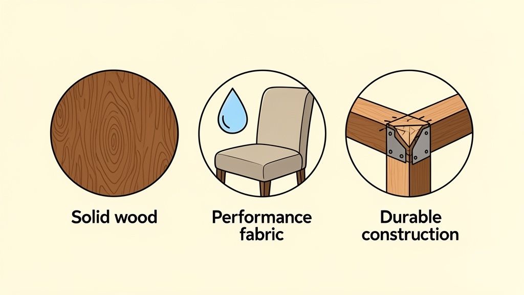 Three icons illustrating key dining chair features: solid wood, performance fabric, and durable construction.