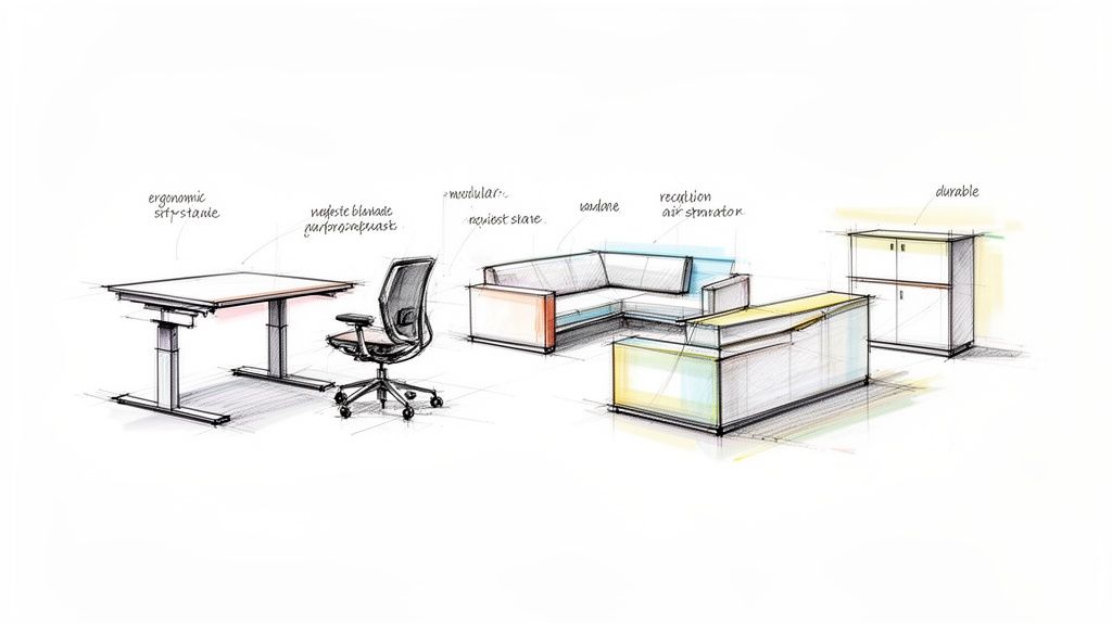 A hand-drawn sketch illustrating various office furniture: sit-stand desk, ergonomic chair, modular sofa, reception counter, and durable storage cabinet.