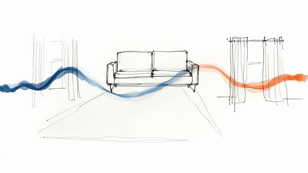 A living room showcasing a cohesive color palette with a modern blue sofa, a vintage-style rug with blue accents, and traditional curtains in a complementary shade, creating a harmonious and unified look.