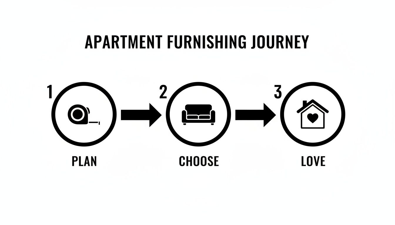 A three-step infographic outlining the apartment furnishing journey: Plan, Choose, and Love, with relevant icons.
