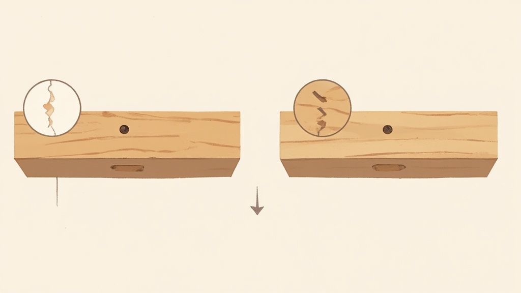 Two wooden planks show cracks, highlighted in circles, possibly indicating a before-and-after comparison or stress.