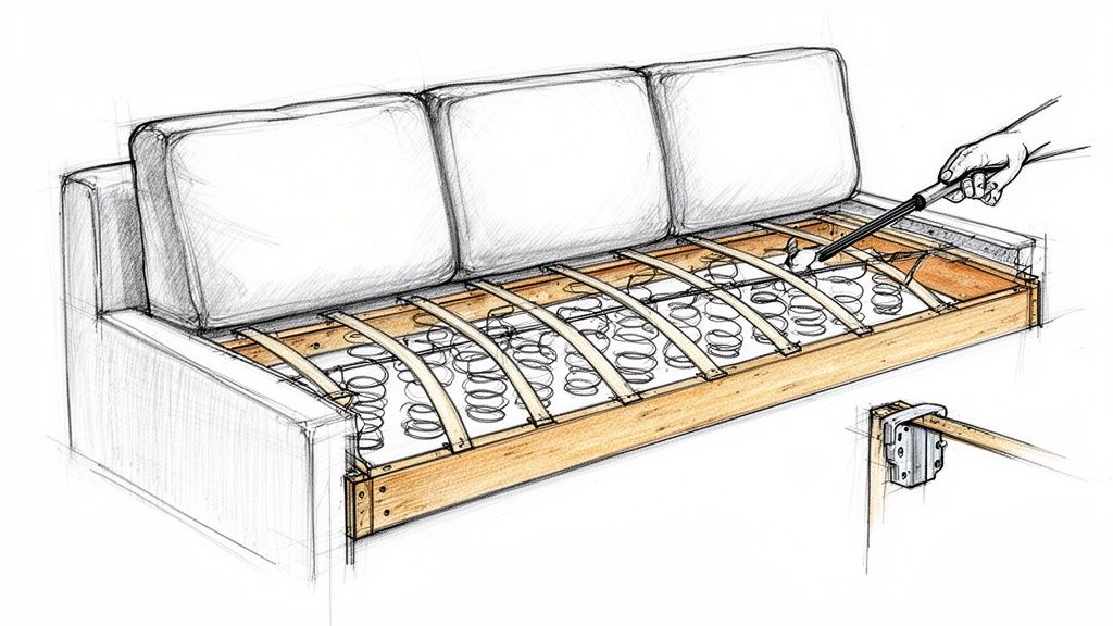 Detailed sketch of a sofa's interior, revealing springs and wooden frame, with a hand adjusting a spring.