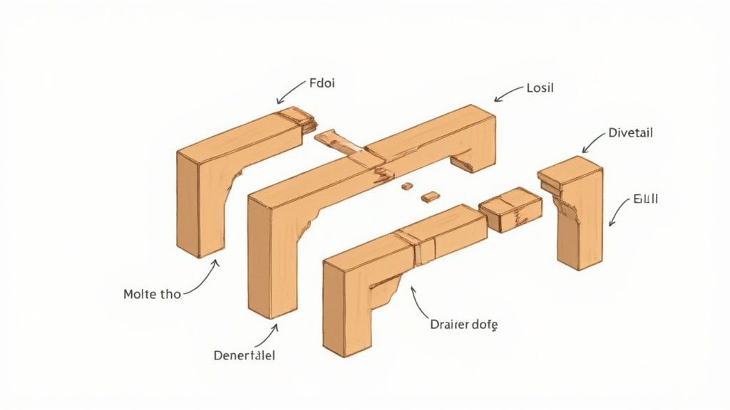 A detailed shot of a dovetail joint on an open social wood drawer.