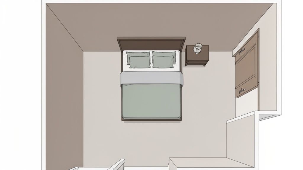 Top-down view of a bedroom with a bed, nightstand, and built-in closet, showing furniture arrangement.