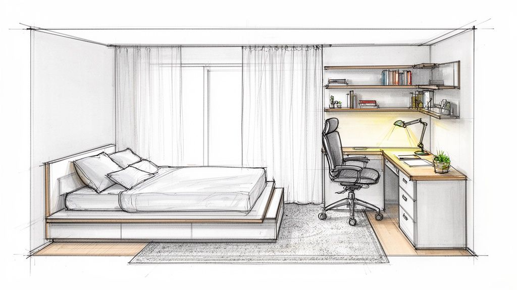 A sketch of a modern bedroom featuring a platform bed, a corner desk, and wall shelves.