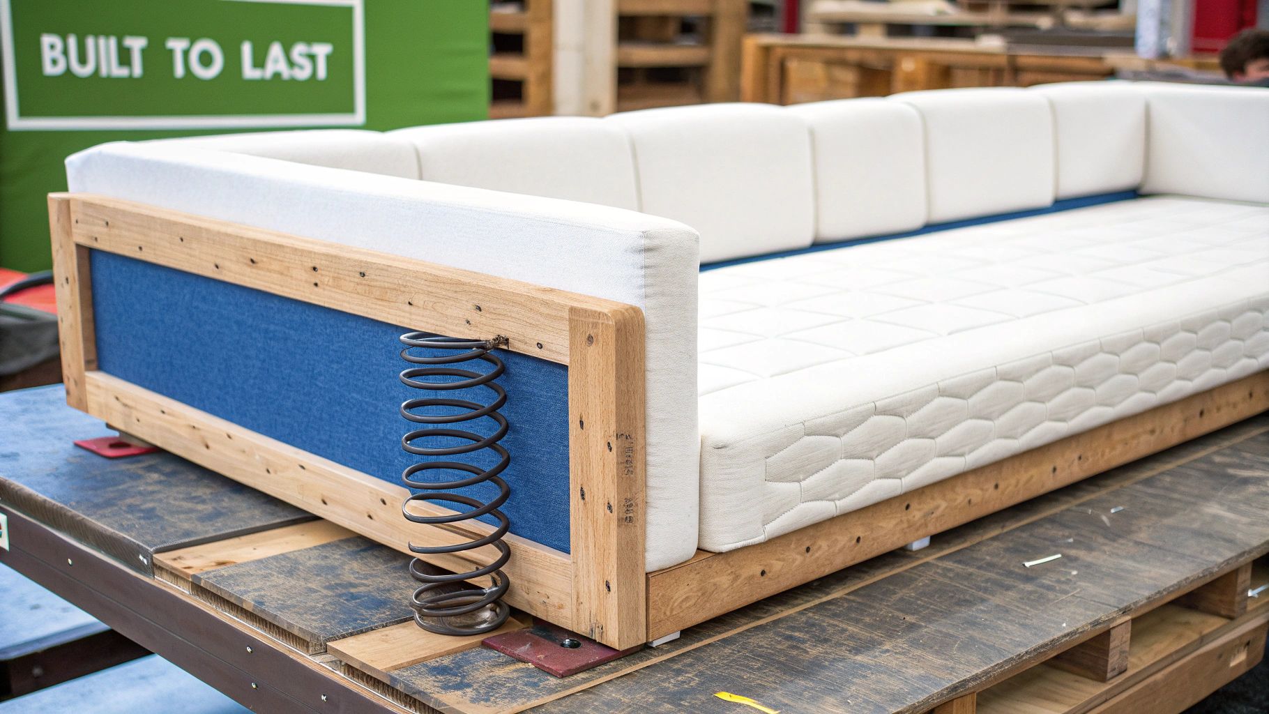 Detailed view of a sofa's durable construction, revealing wooden frame, metal spring, and white cushions.