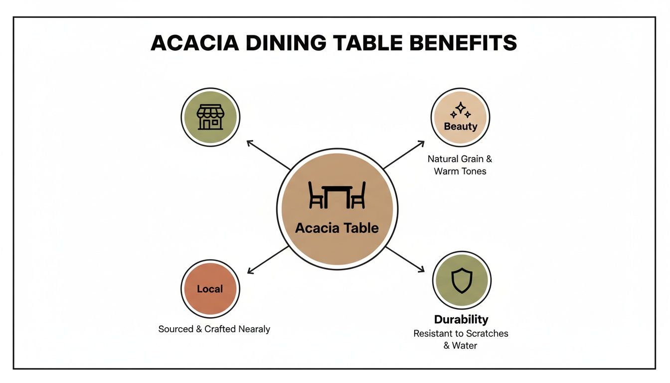 Infographic detailing the benefits of an acacia dining table, including local sourcing, beauty, and durability.