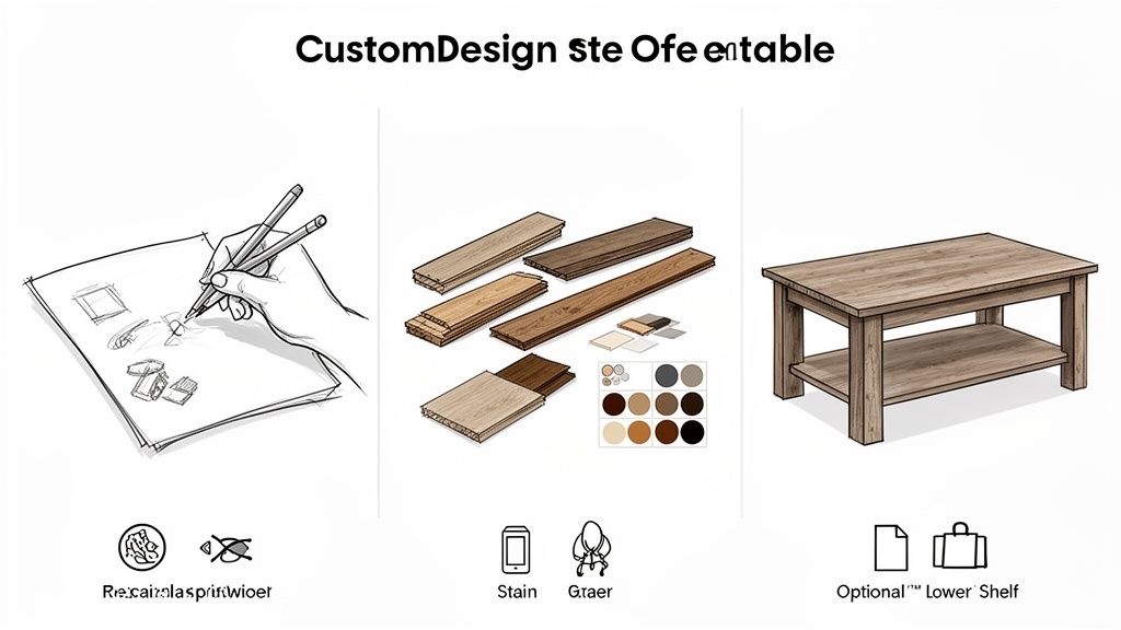 Customizable wooden coffee table design process, showing sketches, wood samples, and the finished rectangular table with optional lower shelf.