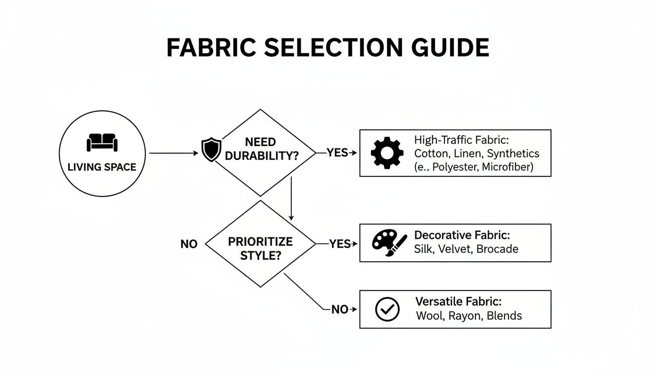 Flowchart guiding upholstery fabric selection for living spaces based on durability and style.
