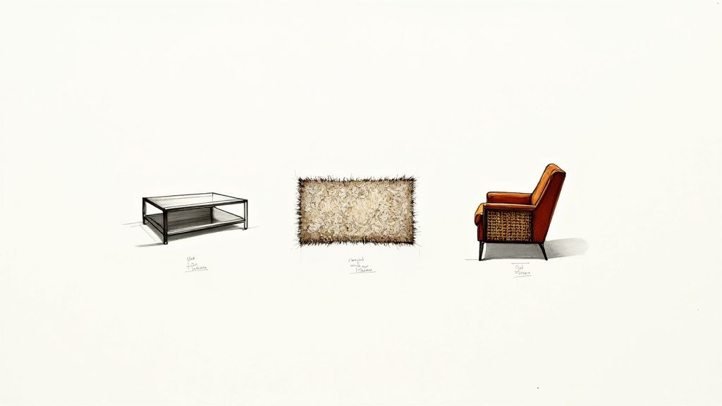 A cozy living room with layered textures, including a sleek metal coffee table on a plush wool rug and a rustic wooden sideboard next to smooth leather armchairs.