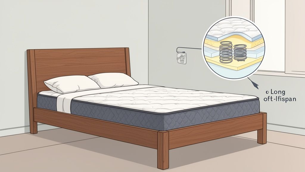 A well-made wooden bed frame with a quality mattress in a cozy bedroom setting.