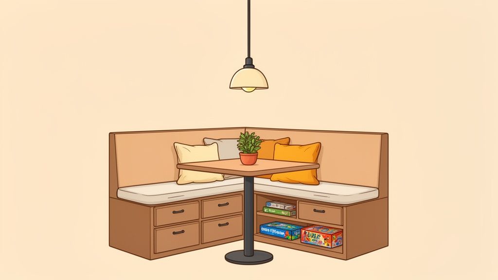 A cozy corner breakfast nook with a table, padded bench seating, storage drawers, and board games.