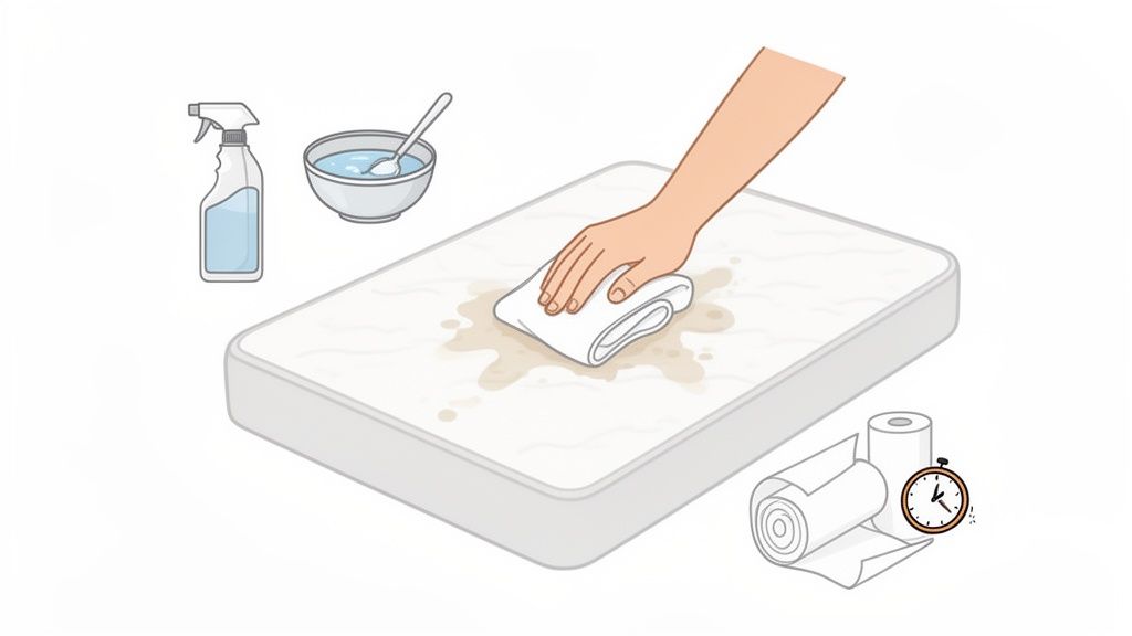 A hand cleans a mattress stain with a white cloth, a spray bottle, and a bowl of water. Paper towels and a timer are visible.