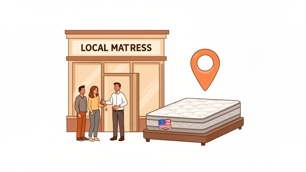 Customers and salesperson at a 'Local Mattress' store with an American flag mattress and location pin.