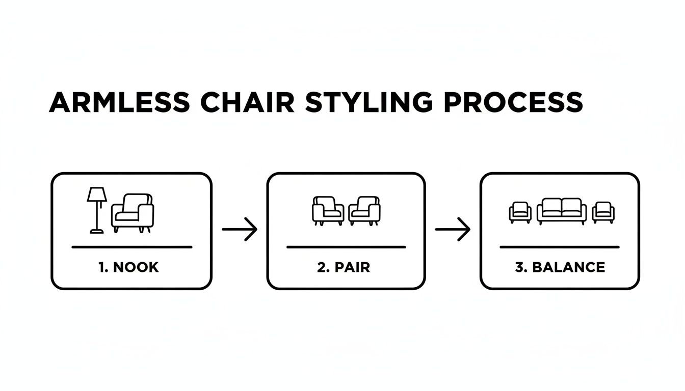 A diagram illustrating the three-step styling process for armless chairs: nook, pair, and balance.