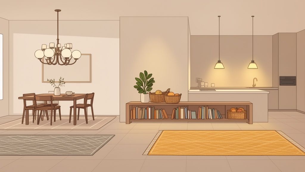 An illustration of a modern open-plan home featuring a dining area, a living space, and a kitchen.
