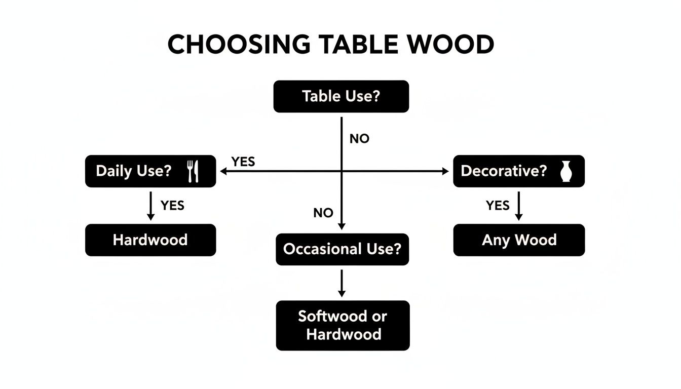 Flowchart guiding the selection of table wood based on daily, occasional, or decorative use.