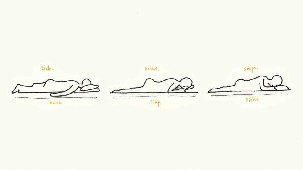 Three simple line drawings illustrating different human sleeping positions: on the back, stomach, and side.
