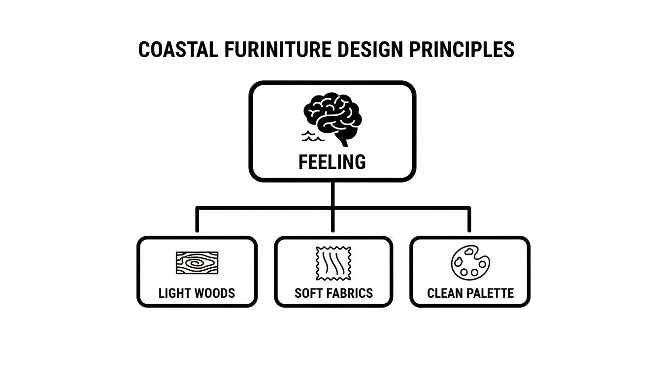 Diagram outlining coastal furniture design principles, including feeling, light woods, soft fabrics, and a clean palette.