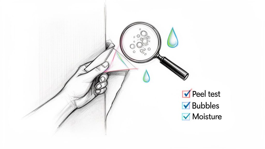 Hand peeling a surface, with magnifying glass showing bubbles and water droplets for quality checks.